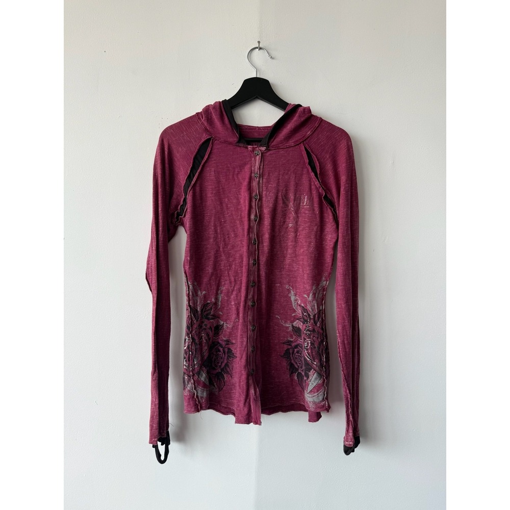 Sinful Hoodie Large Purple Button Up Lightweight Tattoo Roses Y2K Grunge Top